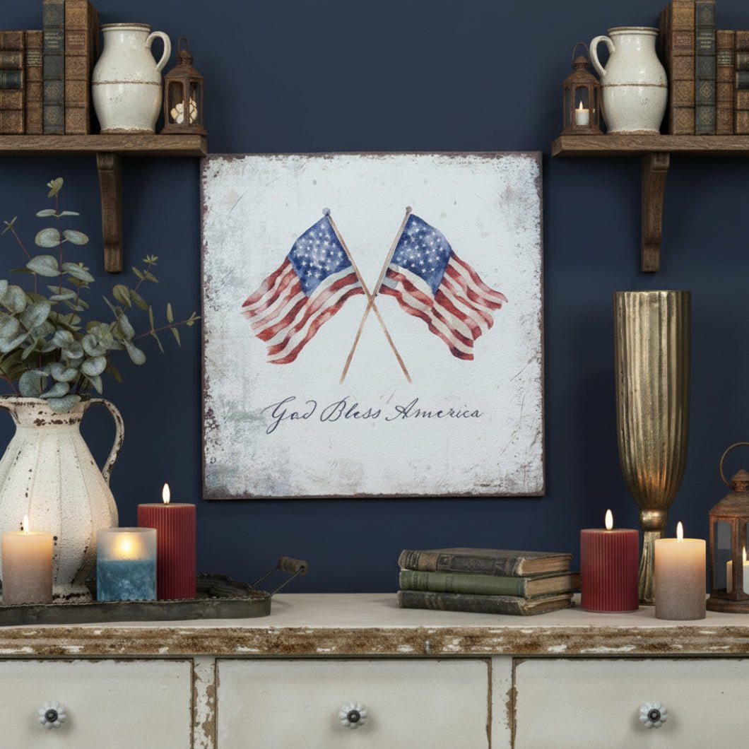 Primitive Ragon House 18" Americana God Bless America Metal Print Sign - The Primitive Pineapple Collection