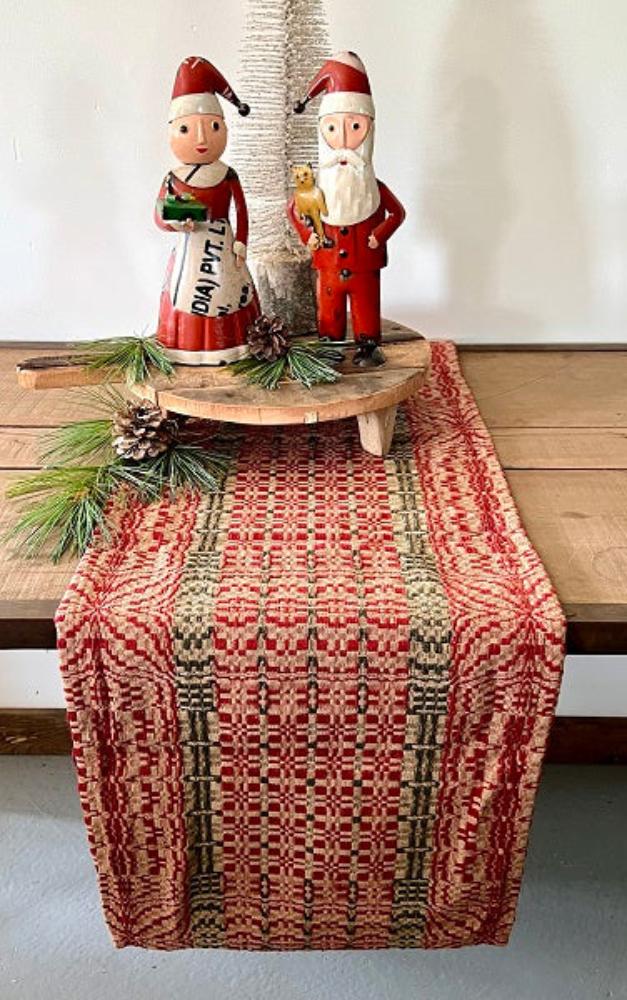 Primitive Christmas Freeport Red/Green/Tan Long 56&quot; Table Runner