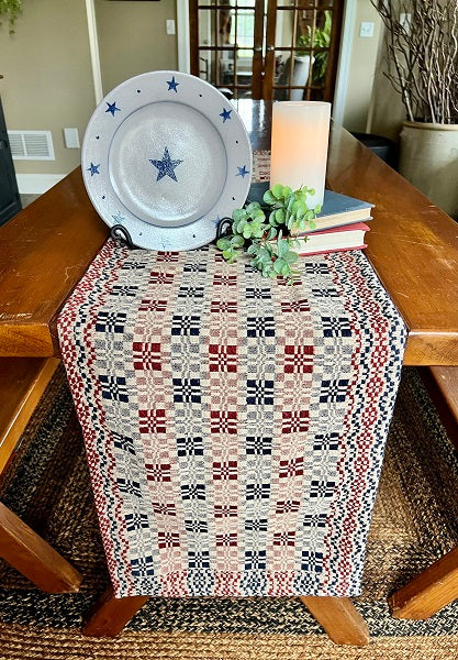 Primitive Parlor Red/ Navy/Linen Long Runner 32&quot;