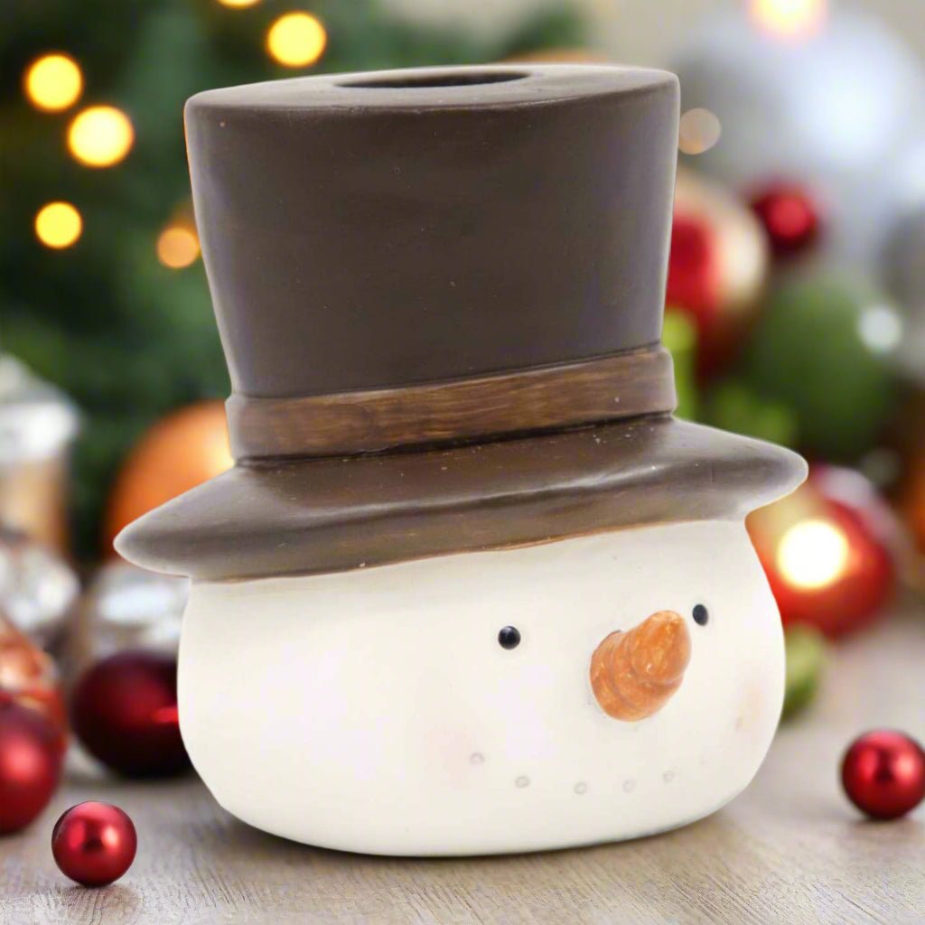 Primitive Christmas Snowman Taper Holder with Brown Hat - The Primitive Pineapple Collection