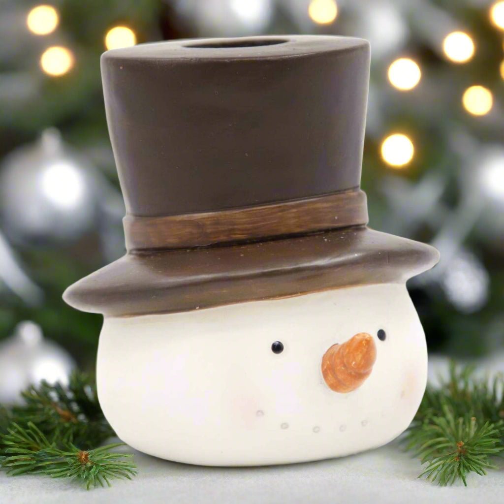 Primitive Christmas Snowman Taper Holder with Brown Hat - The Primitive Pineapple Collection