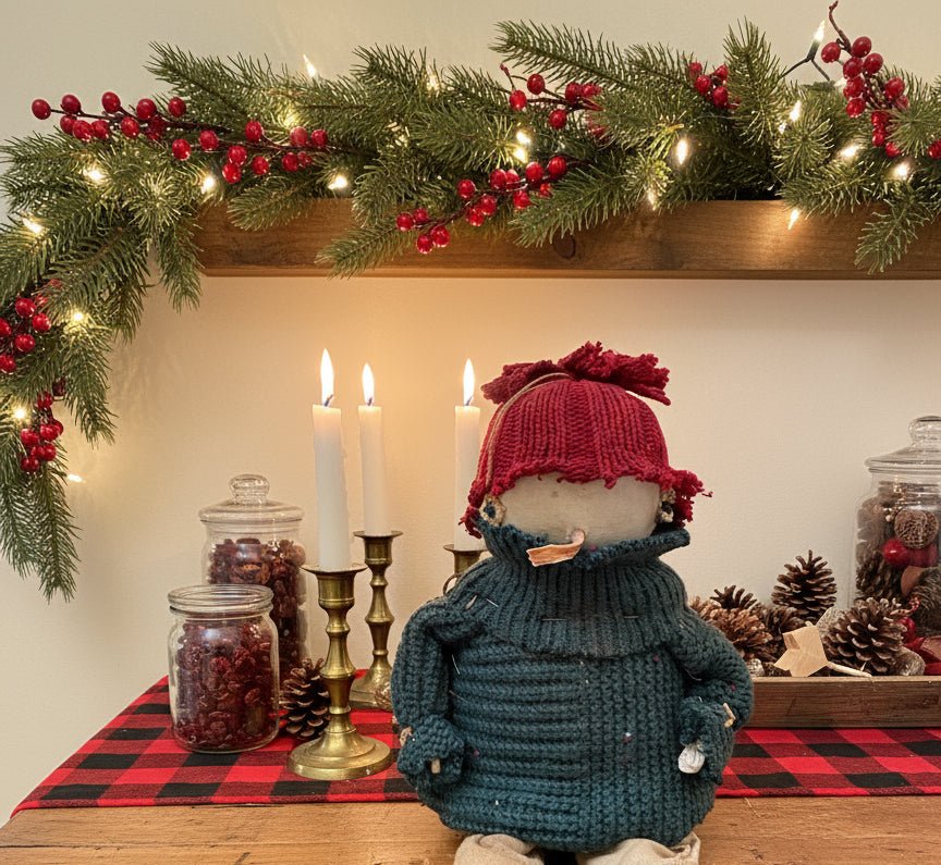 Primitive Handcrafted Ralphie Snowman Doll w/ Hat 12&quot; - The Primitive Pineapple Collection