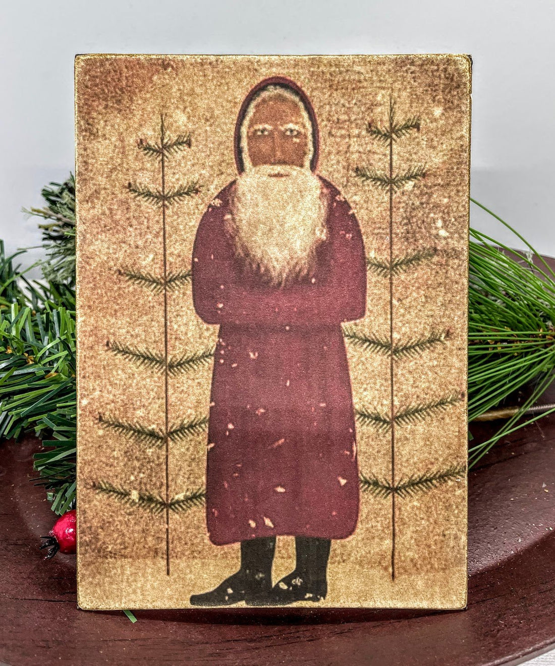 Christmas Handmade Vintage Postcard 5”x7 Canvas Plaque Red Belsnickle Santa - The Primitive Pineapple Collection