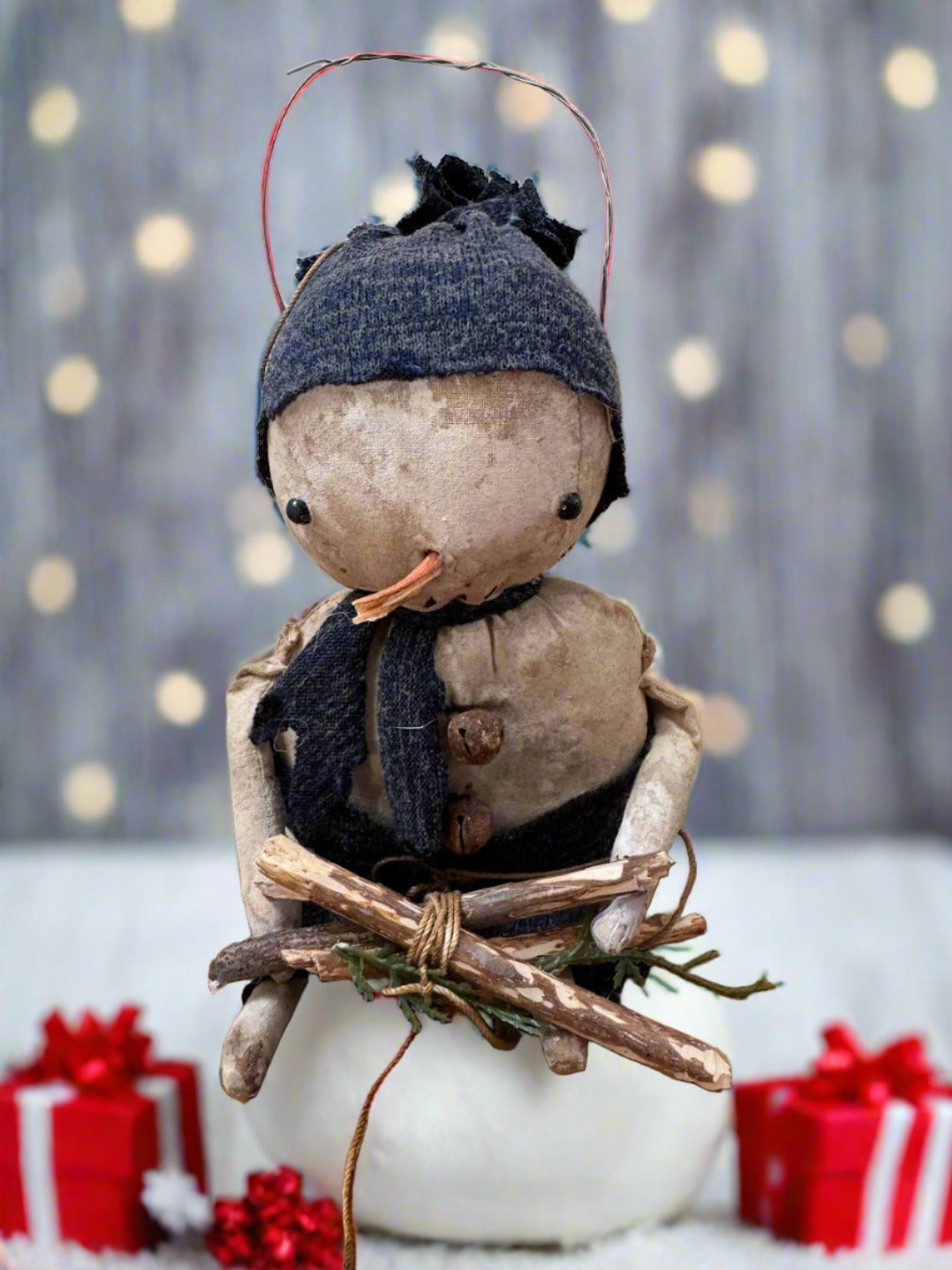 Primitive Handcrafted Roger Snowman Doll w/ Hat and Greens 10&quot;