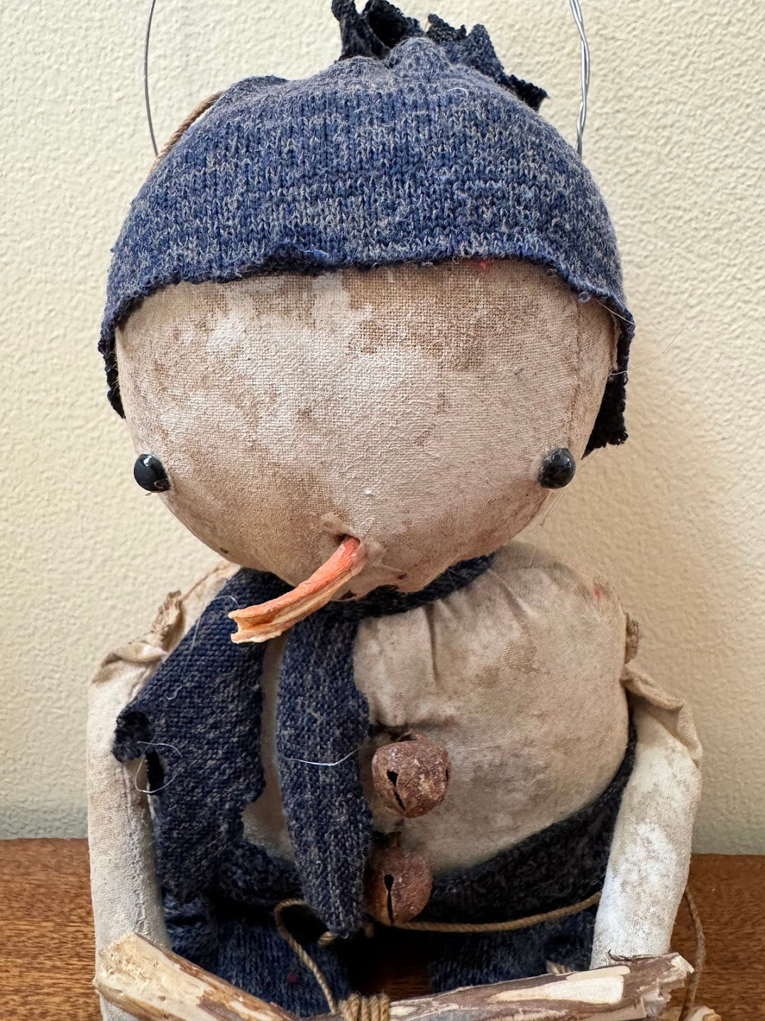 Primitive Handcrafted Roger Snowman Doll w/ Hat and Greens 10&quot;