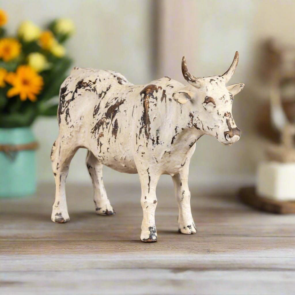 Primitive Ragon House Distressed Look 9" Cream Table Top Cow Figurine - The Primitive Pineapple Collection