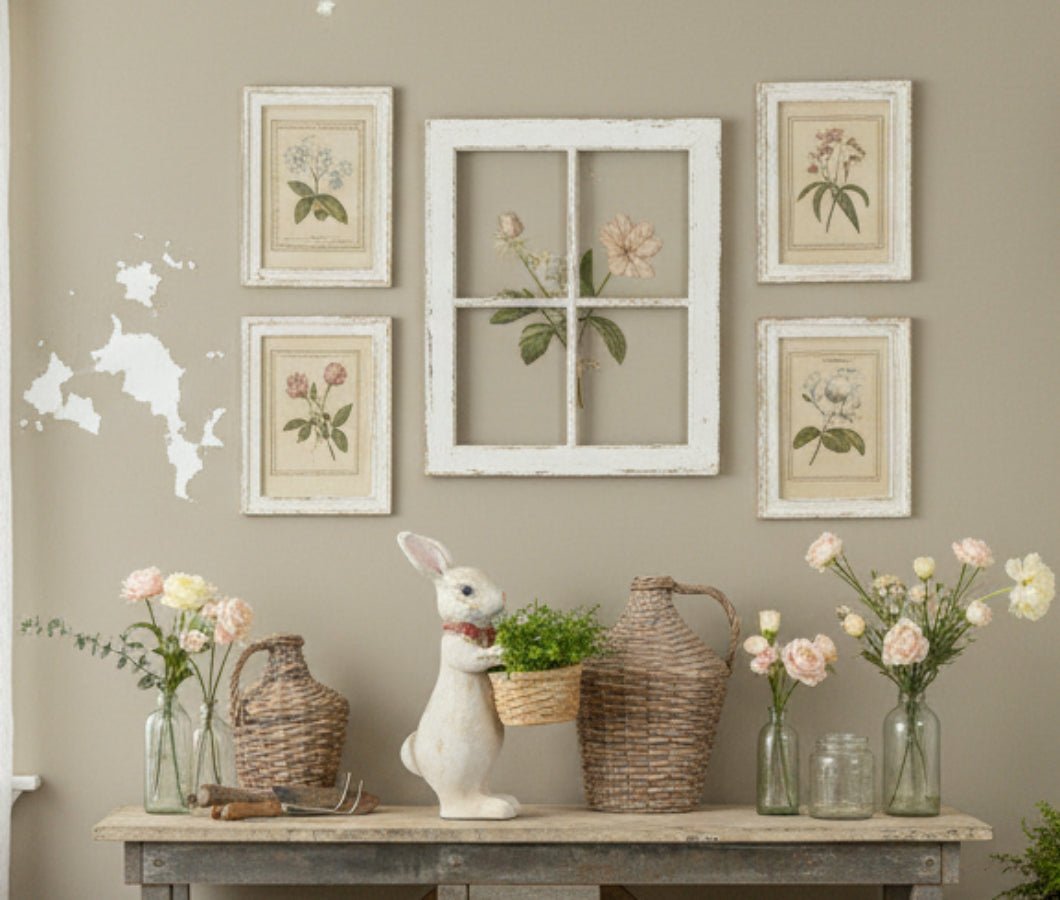 Primitive Ragon House Spring Easter 16" Textured Bunny w/ Red Bow and Basket - The Primitive Pineapple Collection