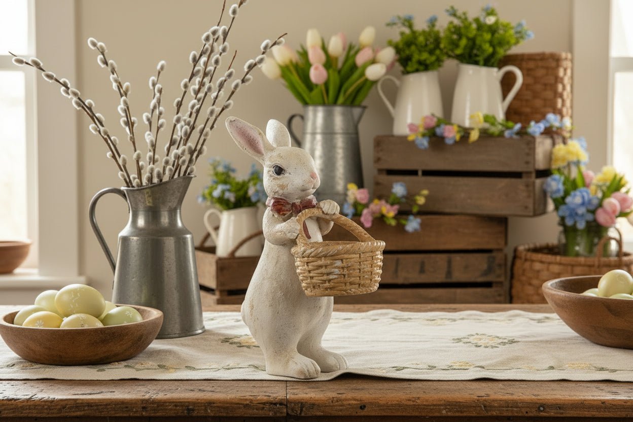 Primitive Ragon House Spring Easter 16" Textured Bunny w/ Red Bow and Basket - The Primitive Pineapple Collection