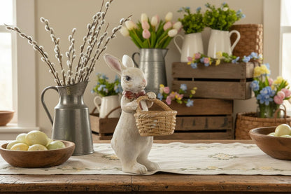 Primitive Ragon House Spring Easter 16" Textured Bunny w/ Red Bow and Basket - The Primitive Pineapple Collection