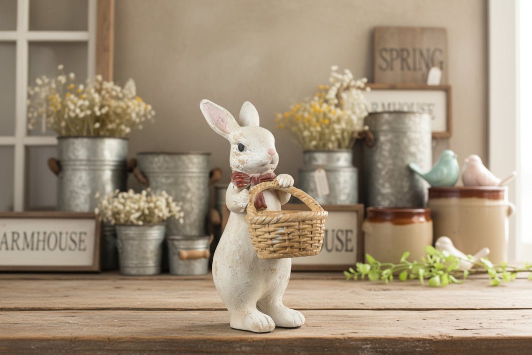 Primitive Ragon House Spring Easter 16" Textured Bunny w/ Red Bow and Basket - The Primitive Pineapple Collection