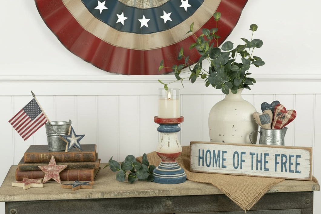 Farmhouse Ragon House 8.25" Patriotic Distressed Wood Pillar Candle Holder - The Primitive Pineapple Collection