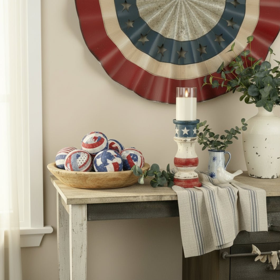 Farmhouse Ragon House 9.75" Patriotic Distressed Wood Pillar Candle Holder - The Primitive Pineapple Collection