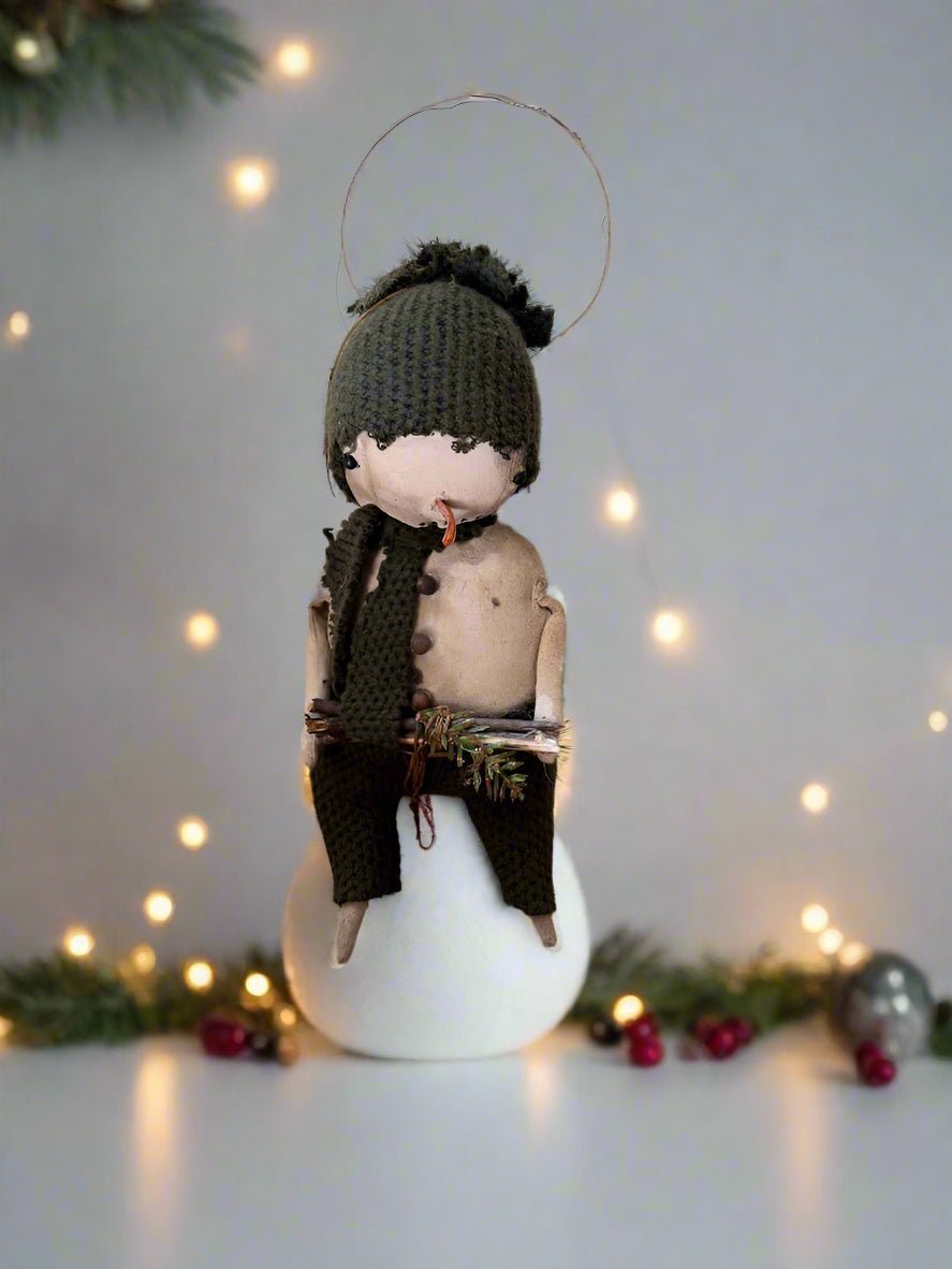 Primitive Handcrafted Green Scarf Snowman Doll w/ Hat and Greens 10&quot; - The Primitive Pineapple Collection