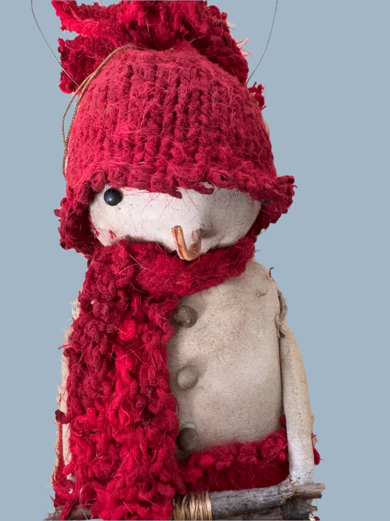 Primitive Handcrafted Red Scarf Snowman Doll w/ Hat and Greens 10&quot; - The Primitive Pineapple Collection