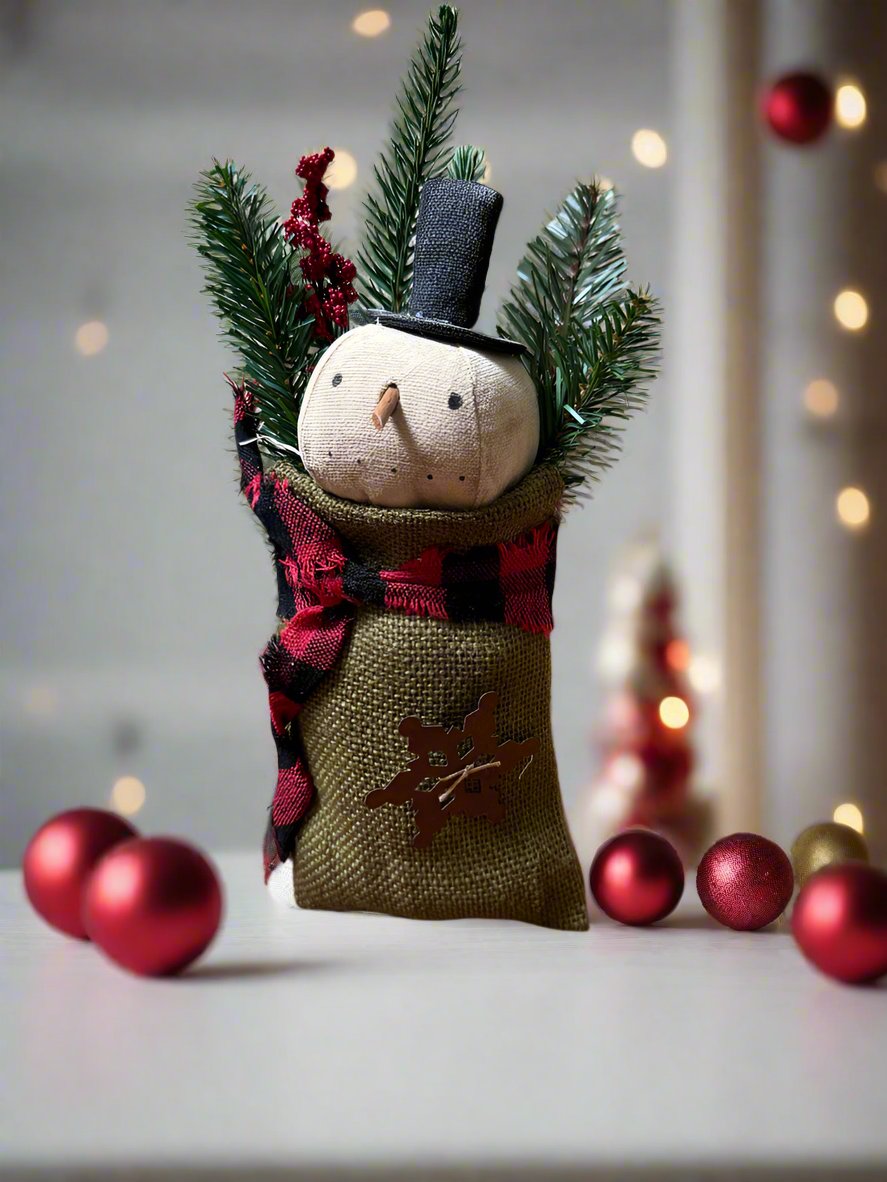 Primitive Handcrafted Christmas 9&quot; Snowman Head in Green Burlap Bag