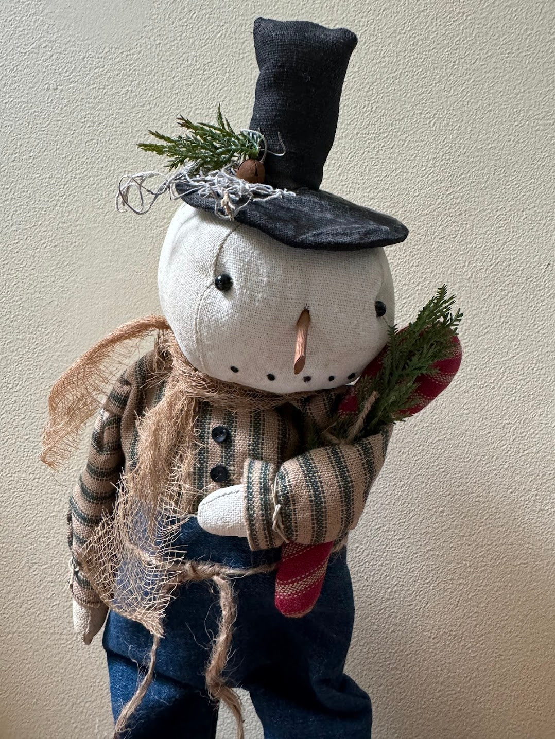 Primitive Handcrafted Christmas Snowman w/ Candy Cane on Stand 16&quot;