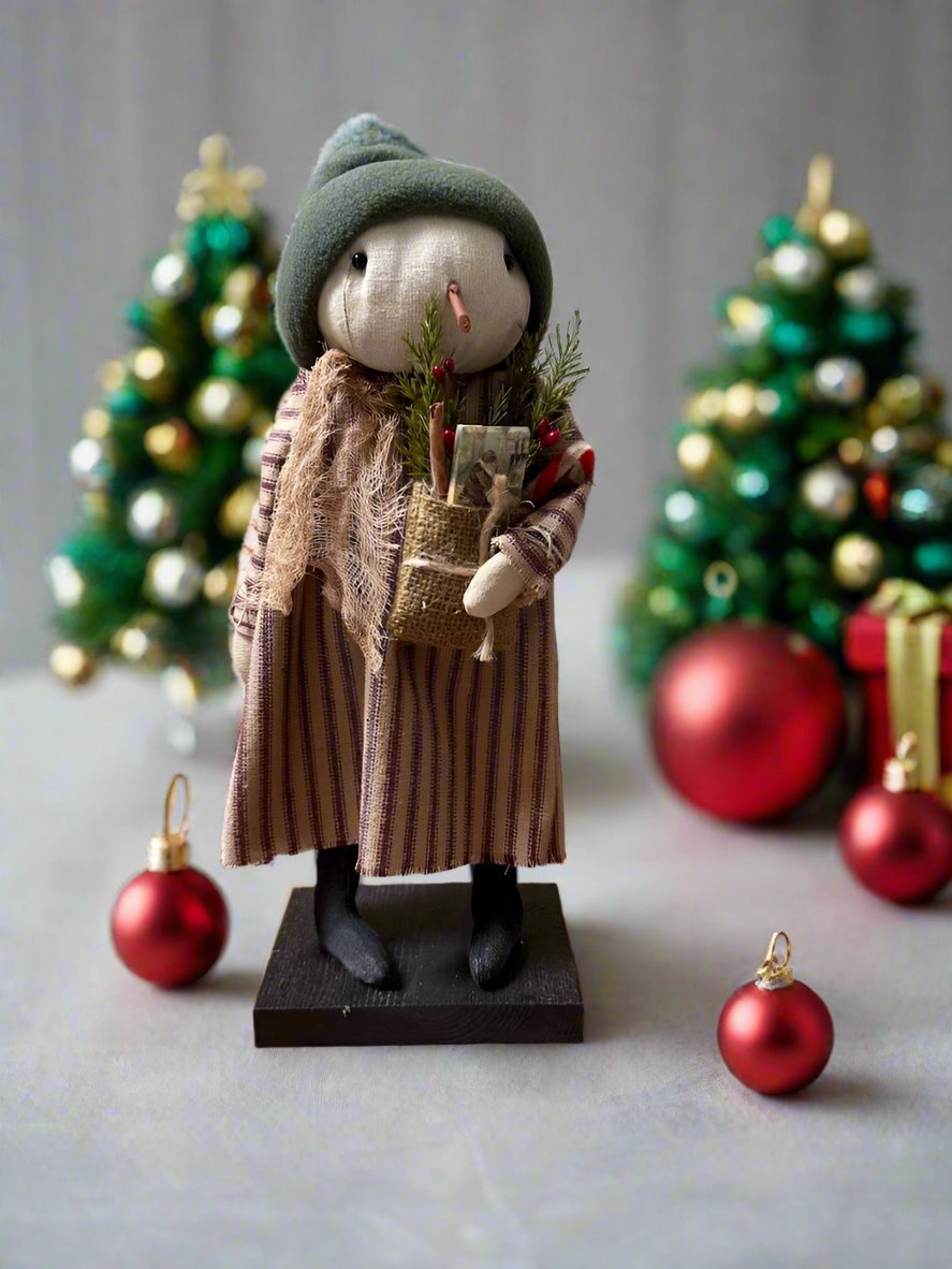 Primitive Handcrafted Christmas Snow girl in Dress w/ Greens on Stand 14&quot;