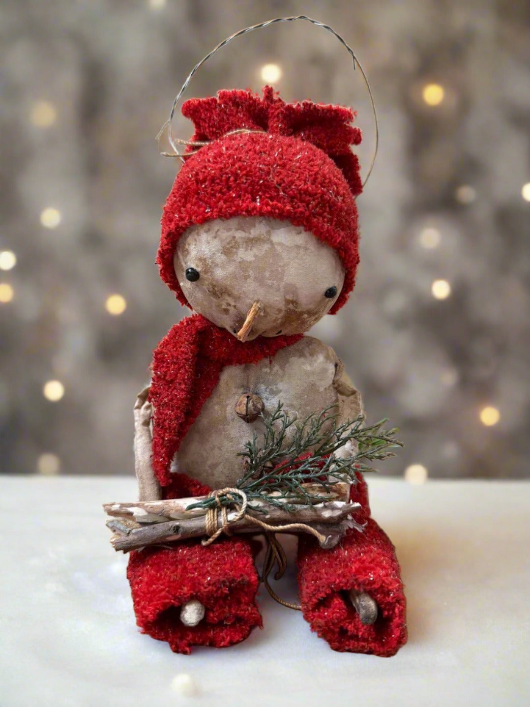 Primitive Handcrafted Sammy Snowman Doll w/ Red Hat and Greens 10&quot;