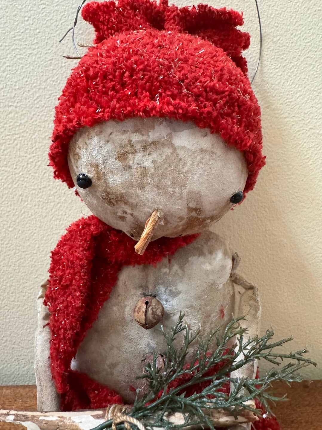 Primitive Handcrafted Sammy Snowman Doll w/ Red Hat and Greens 10&quot;