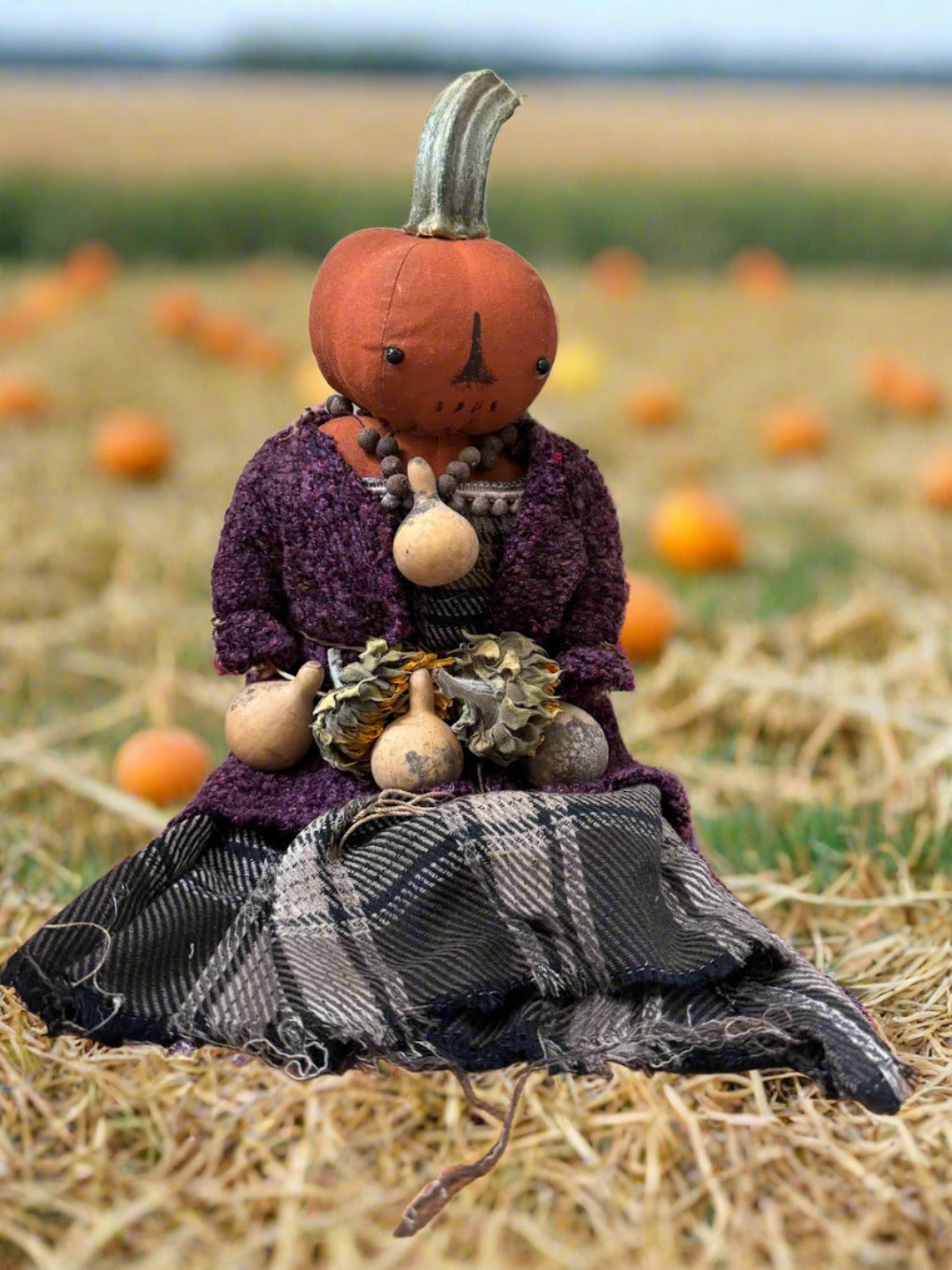 Primitive Handcrafted Pumpkin Doll Sara w/ Dried Gourds 12&quot;