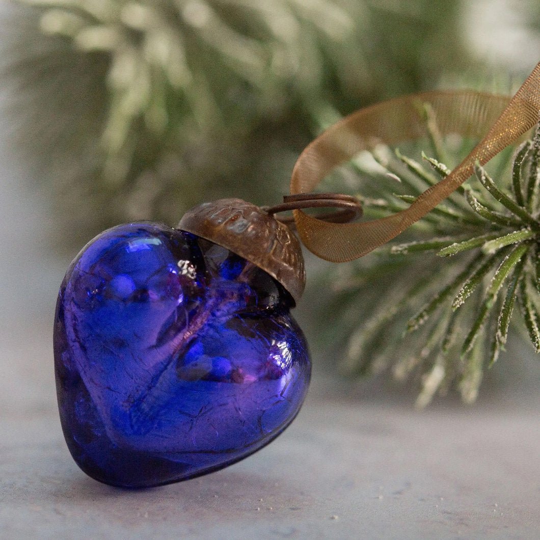Christmas Handmade 1” Crackle Purple Heart Ornaments 6 pc Set - The Primitive Pineapple Collection