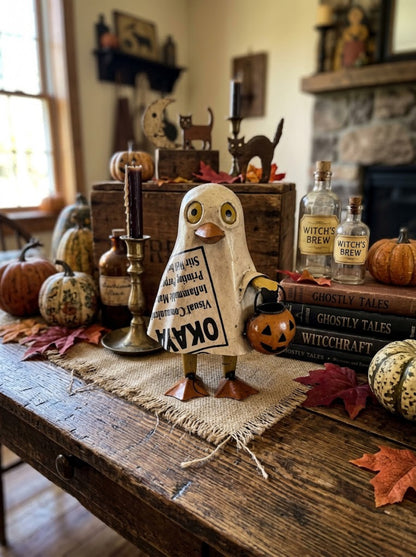 Primitive Halloween Recycled Metal Miss Spooky Duck Figurine
