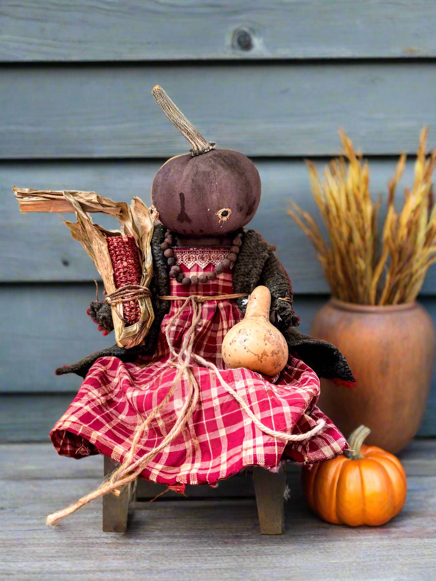 Primitive Handcrafted Pumpkin Doll Sue w/ Gourd 12&quot; - The Primitive Pineapple Collection