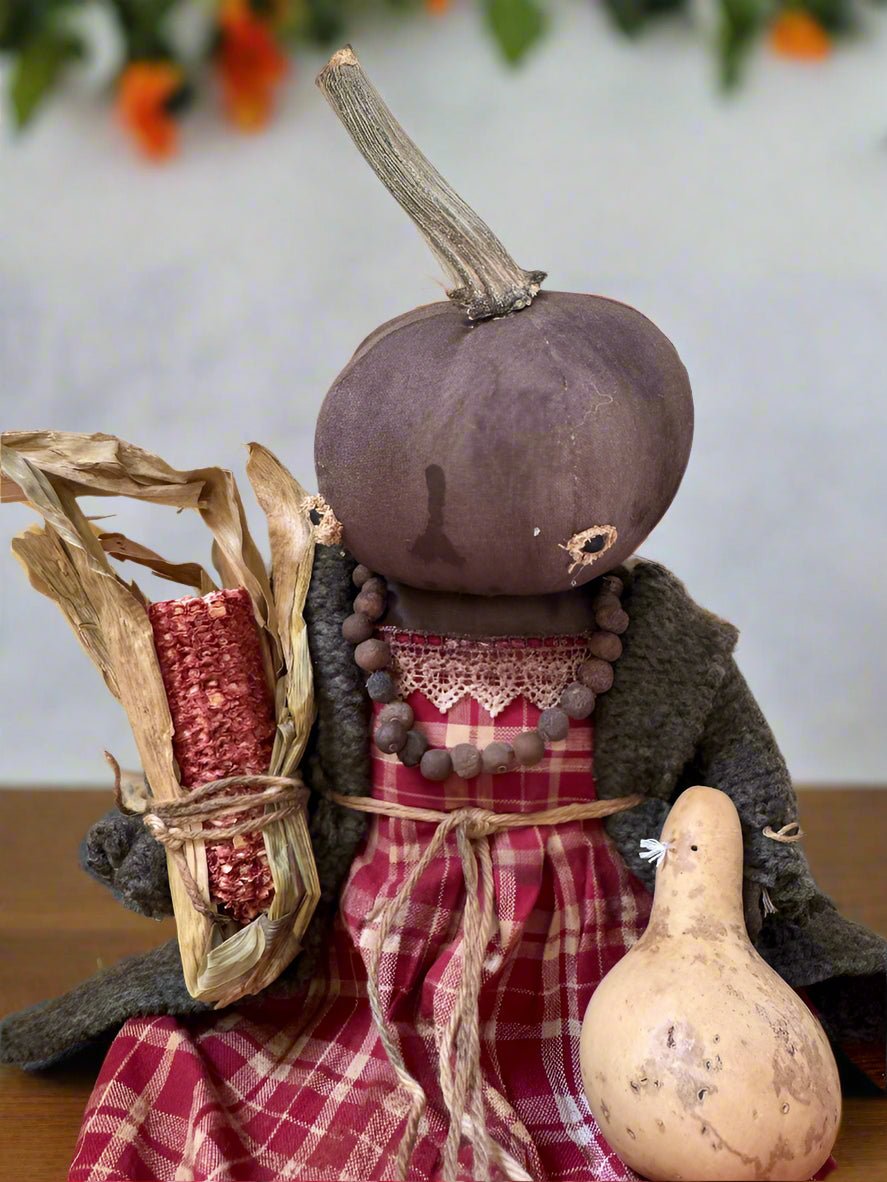 Primitive Handcrafted Pumpkin Doll Sue w/ Gourd 12&quot; - The Primitive Pineapple Collection