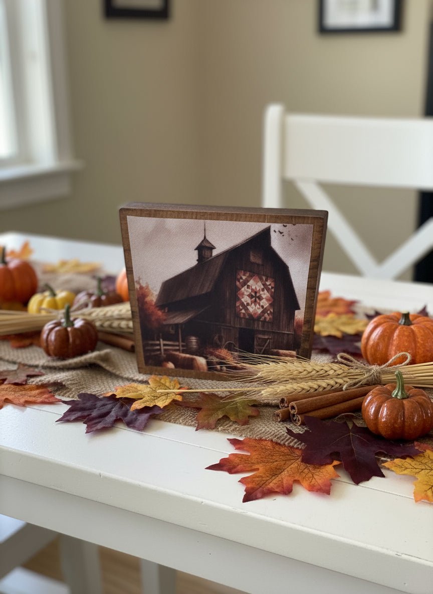 Primitive Handcrafted 5.5&quot; Black Barn w/Quilt in Fall Block Shelf Sitter - The Primitive Pineapple Collection