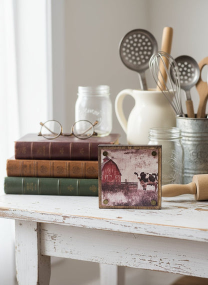 Primitive Handcrafted 6&quot; Red Barn w/Cow Block Shelf Sitter - The Primitive Pineapple Collection
