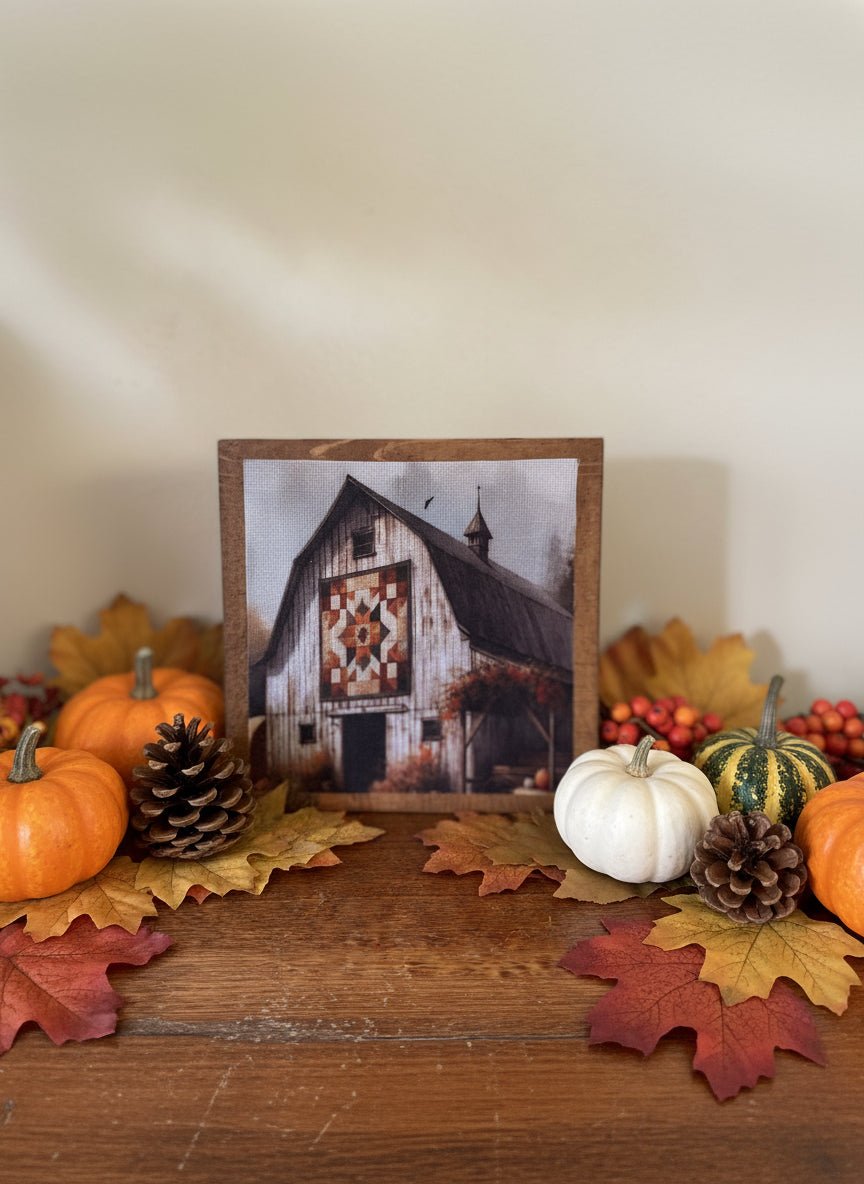 Primitive Handcrafted 6&quot; White Barn w/Quilt in Fall Block Shelf Sitter - The Primitive Pineapple Collection