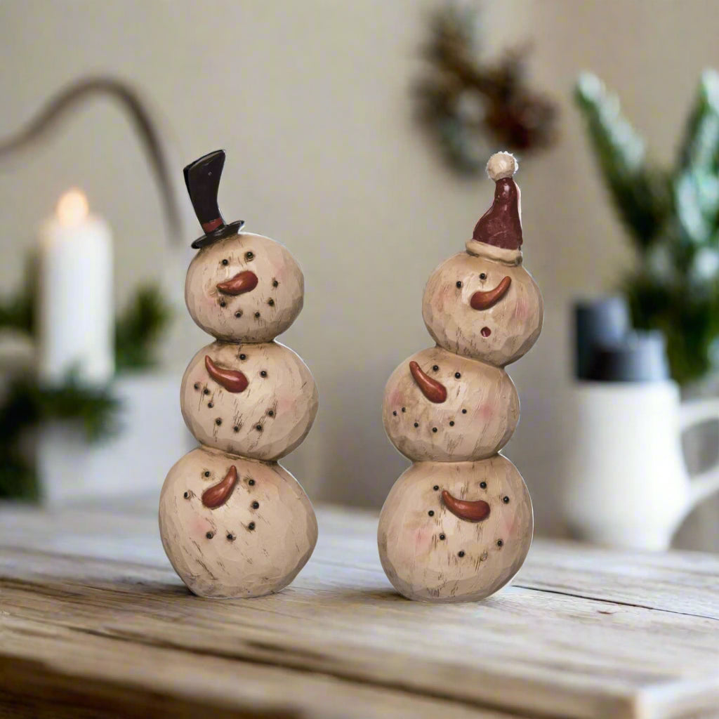 Primitive Christmas 2 pc Resin Snowman Stacked Figurines