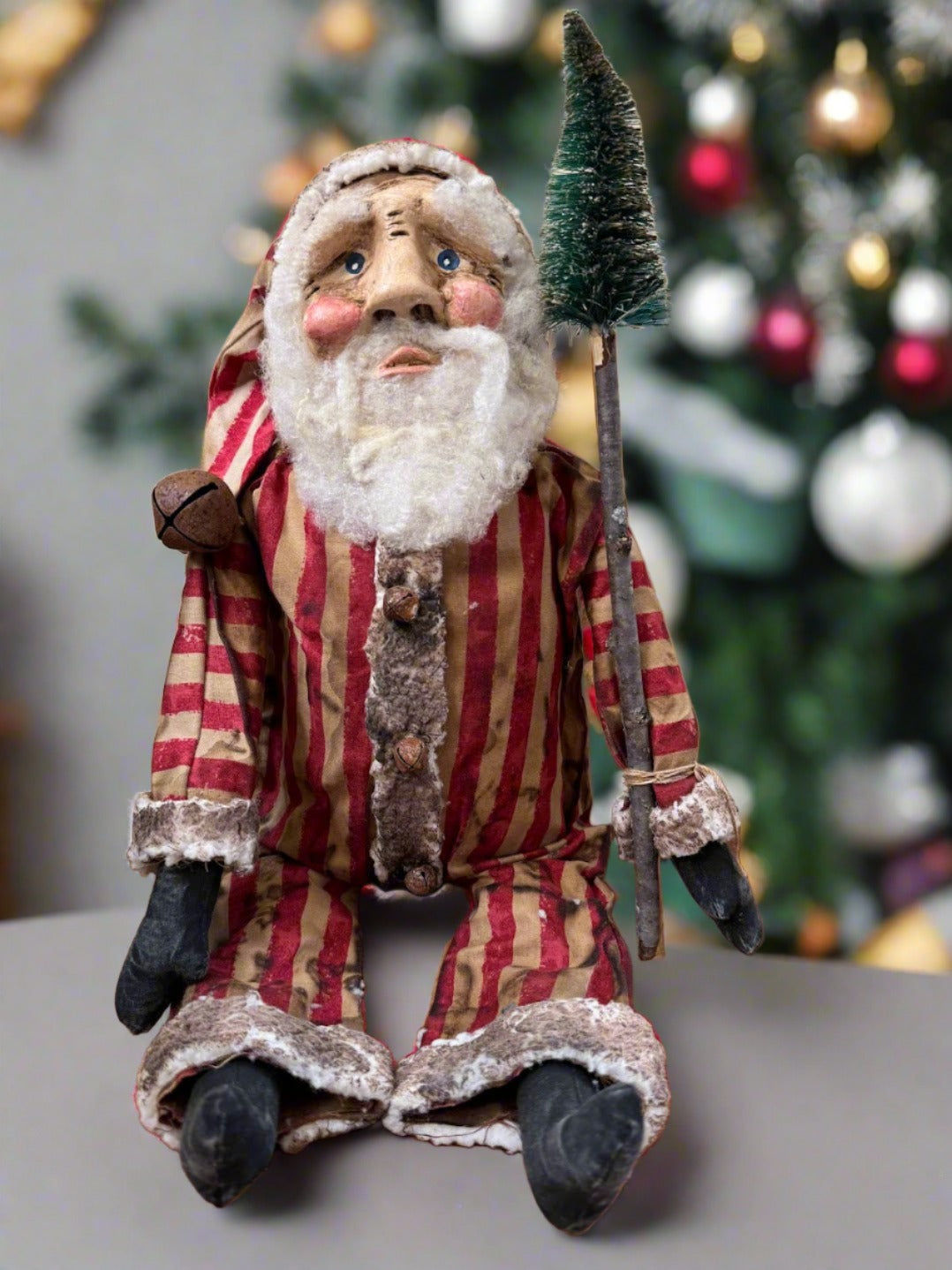 Primitive Handcrafted USA Christmas Sculpted Clay Grungy Red Striped Santa Doll 17&quot;