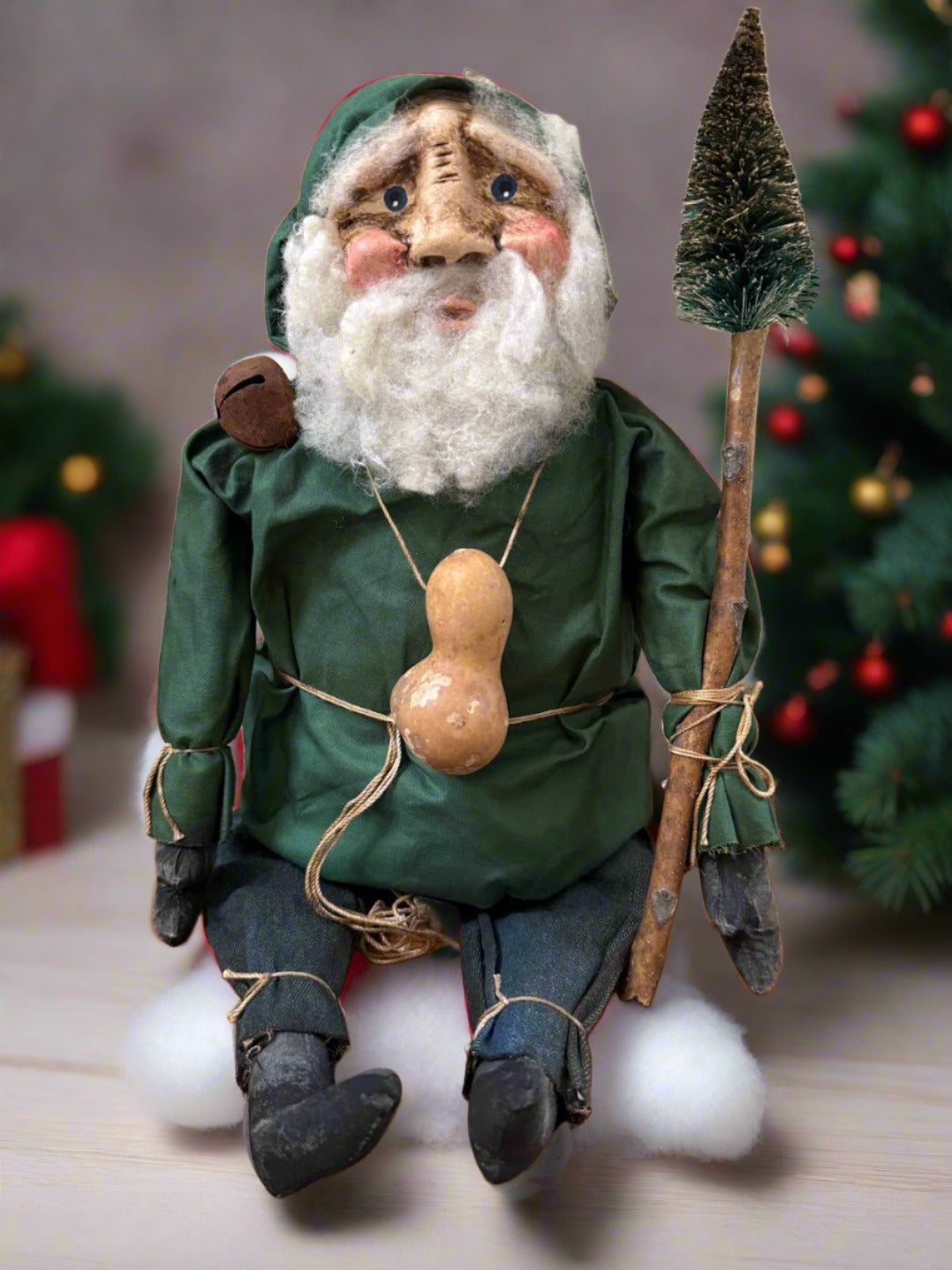 Primitive Handcrafted USA Christmas Sculpted Clay Green Santa Doll w/ Gourd 17&quot;