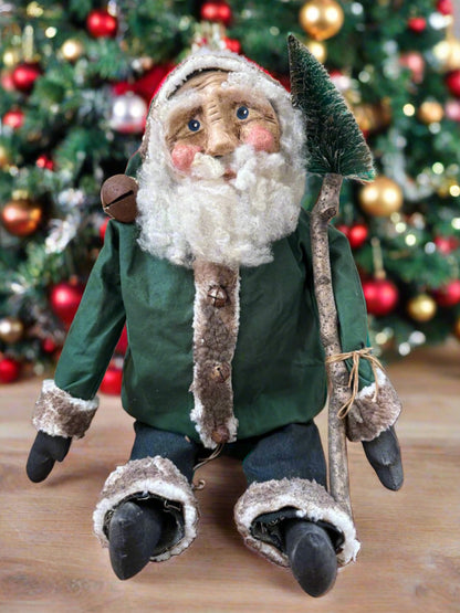 Primitive Handcrafted USA Christmas Sculpted Clay Green Santa Doll 17&quot;