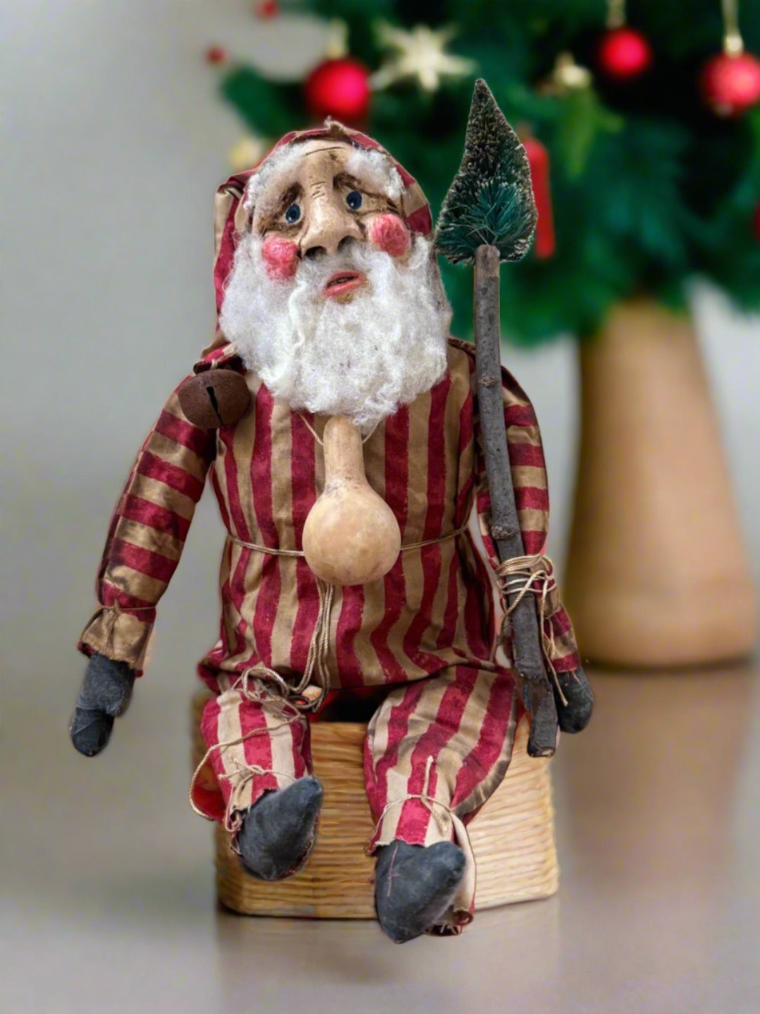 Primitive Handcrafted USA Christmas Sculpted Clay Red Striped Santa Doll 17&quot;