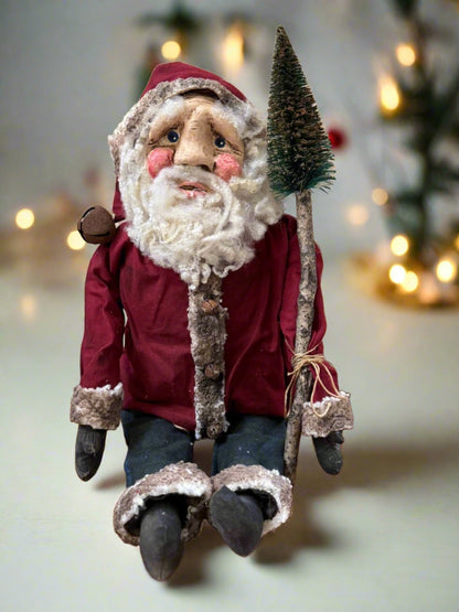 Primitive Handcrafted USA Christmas Sculpted Clay Grungy Red Santa Doll 17&quot;