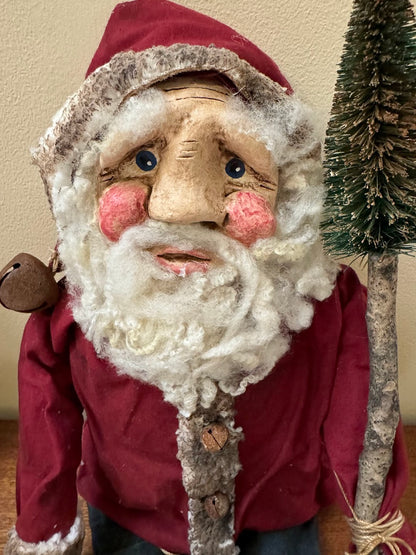 Primitive Handcrafted USA Christmas Sculpted Clay Grungy Red Santa Doll 17&quot;