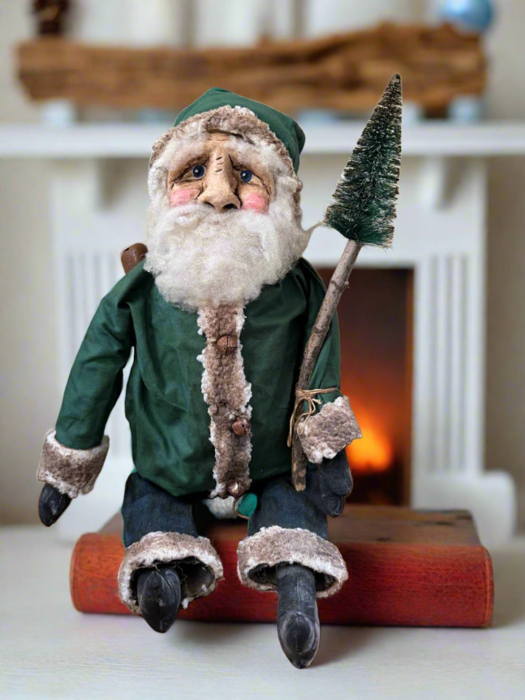 Primitive Handcrafted USA Christmas Sculpted Clay Grungy Green Santa Doll 17&quot;