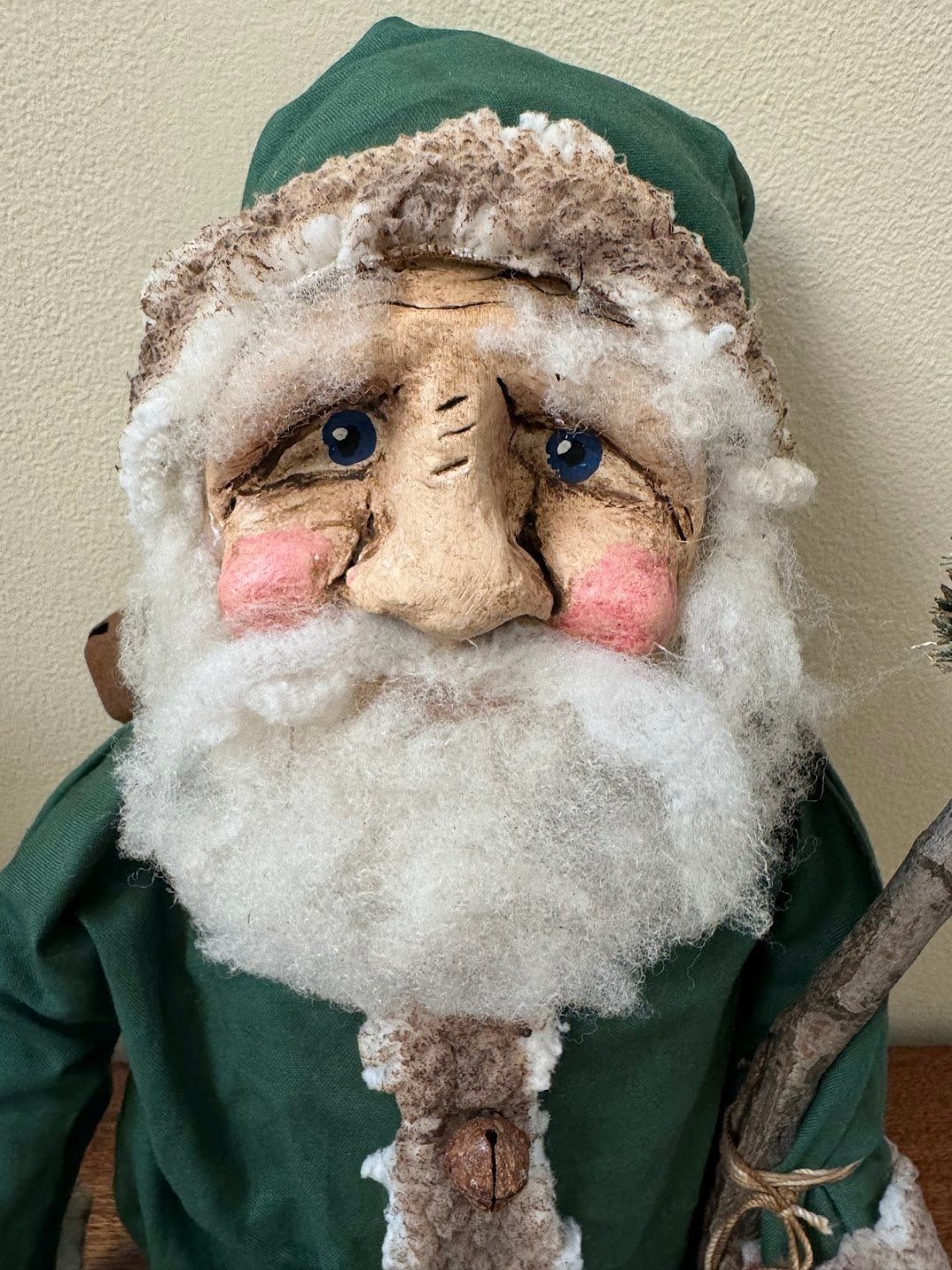 Primitive Handcrafted USA Christmas Sculpted Clay Grungy Green Santa Doll 17&quot;