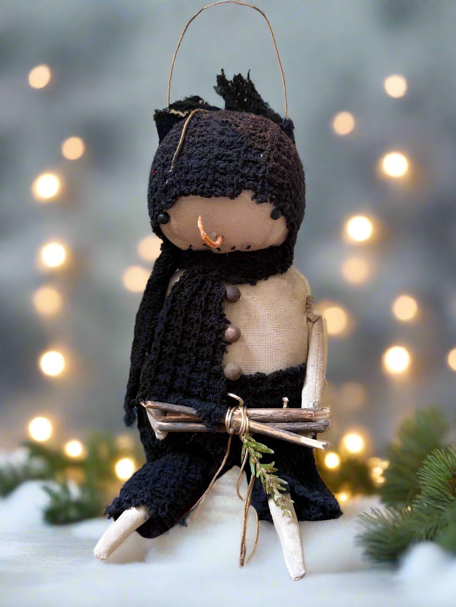 Primitive Handcrafted Black Scarf Snowman Doll w/ Hat and Greens 10&quot; - The Primitive Pineapple Collection