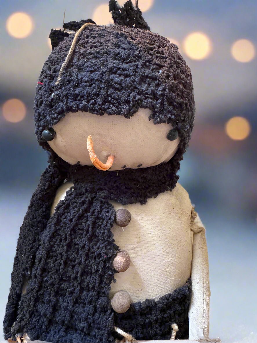 Primitive Handcrafted Black Scarf Snowman Doll w/ Hat and Greens 10&quot; - The Primitive Pineapple Collection