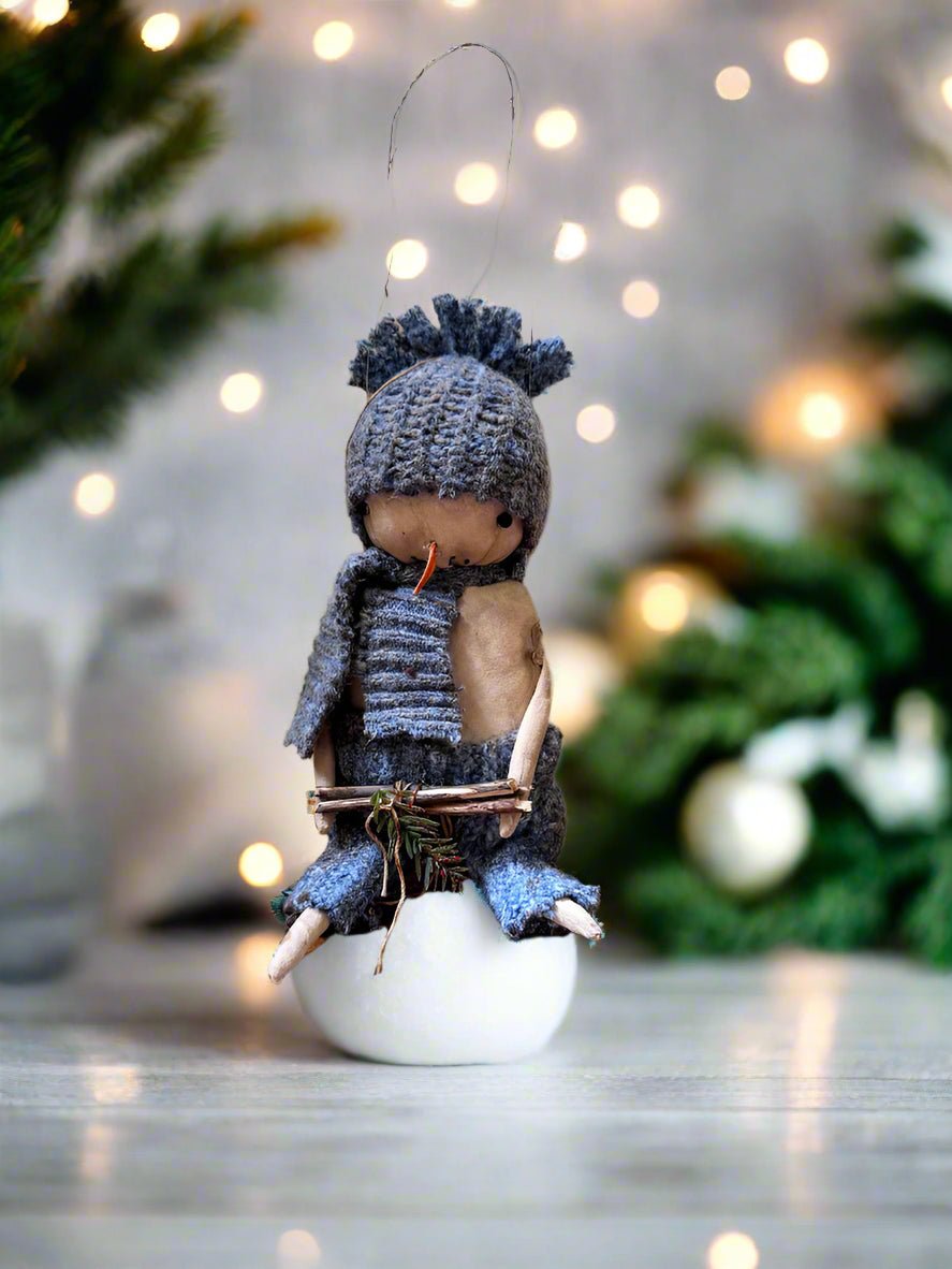 Primitive Handcrafted Light Blue Scarf Snowman Doll w/ Hat and Greens 10&quot; - The Primitive Pineapple Collection