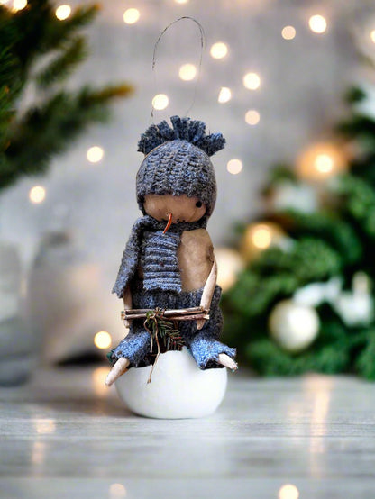 Primitive Handcrafted Light Blue Scarf Snowman Doll w/ Hat and Greens 10&quot; - The Primitive Pineapple Collection
