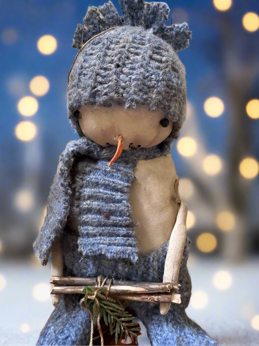 Primitive Handcrafted Light Blue Scarf Snowman Doll w/ Hat and Greens 10&quot; - The Primitive Pineapple Collection