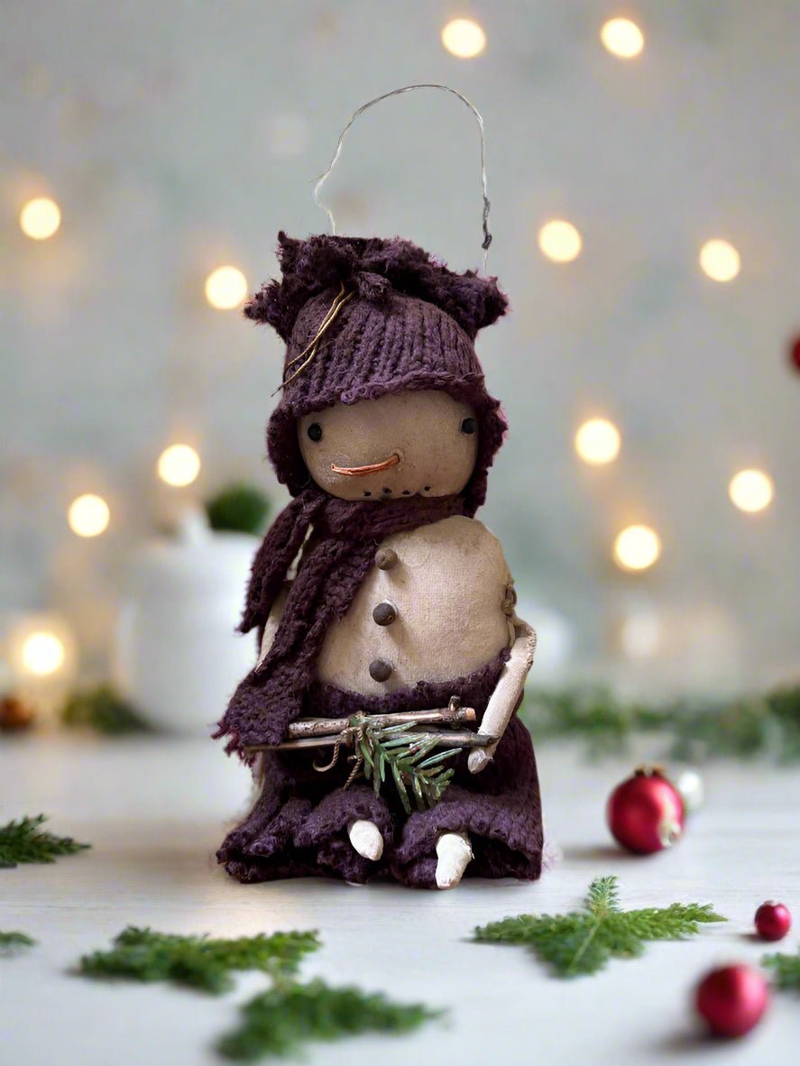 Primitive Handcrafted Plum Scarf Snowman Doll w/ Hat and Greens 10&quot; - The Primitive Pineapple Collection