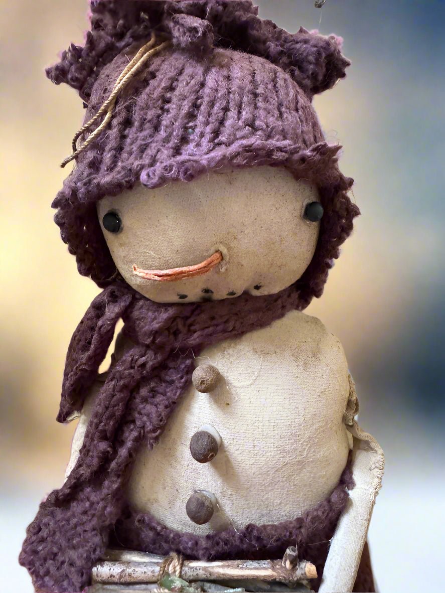 Primitive Handcrafted Plum Scarf Snowman Doll w/ Hat and Greens 10&quot; - The Primitive Pineapple Collection