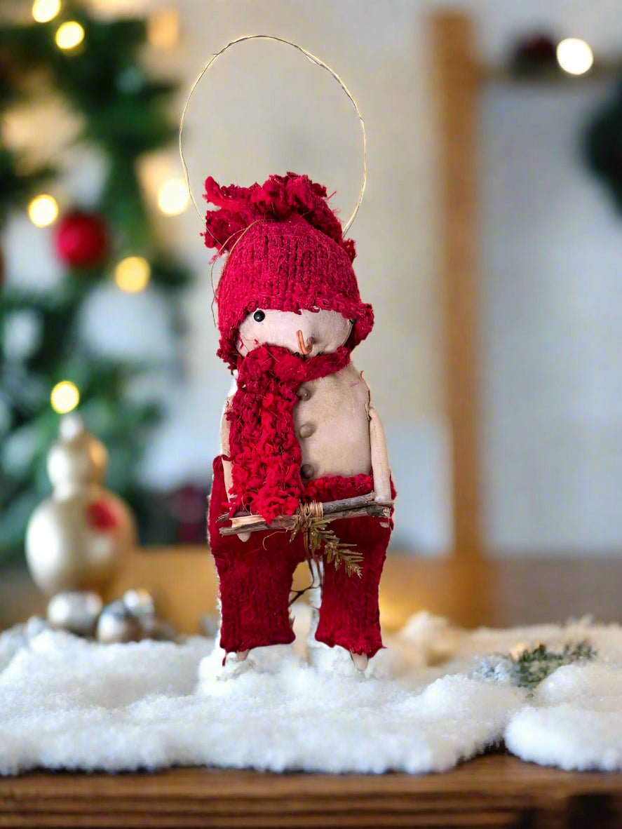 Primitive Handcrafted Red Scarf Snowman Doll w/ Hat and Greens 10&quot; - The Primitive Pineapple Collection