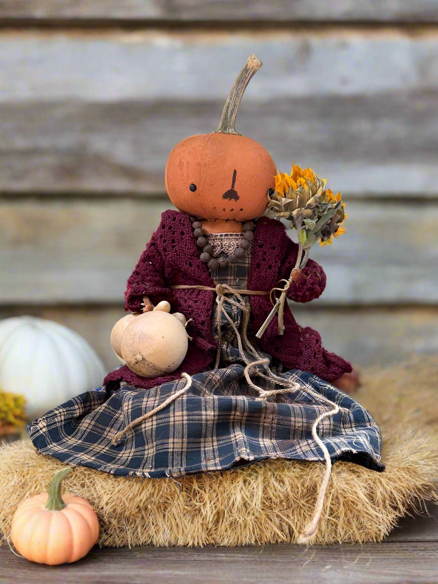 Primitive Handcrafted Pumpkin Doll Amy w/ Gourd 12&quot; - The Primitive Pineapple Collection