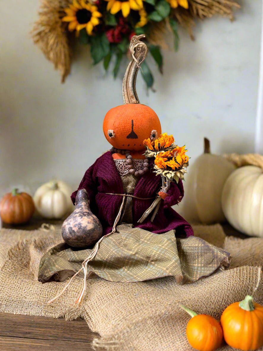 Primitive Handcrafted Pumpkin Doll Annie w/ Gourd/Sunflower 12&quot; - The Primitive Pineapple Collection